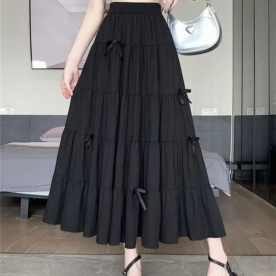 2026 New Streetwear Spring Summer Women's Skirts Vintage High Waist Elastic Patchwork White Black Chic Long Cake A-line Skirt