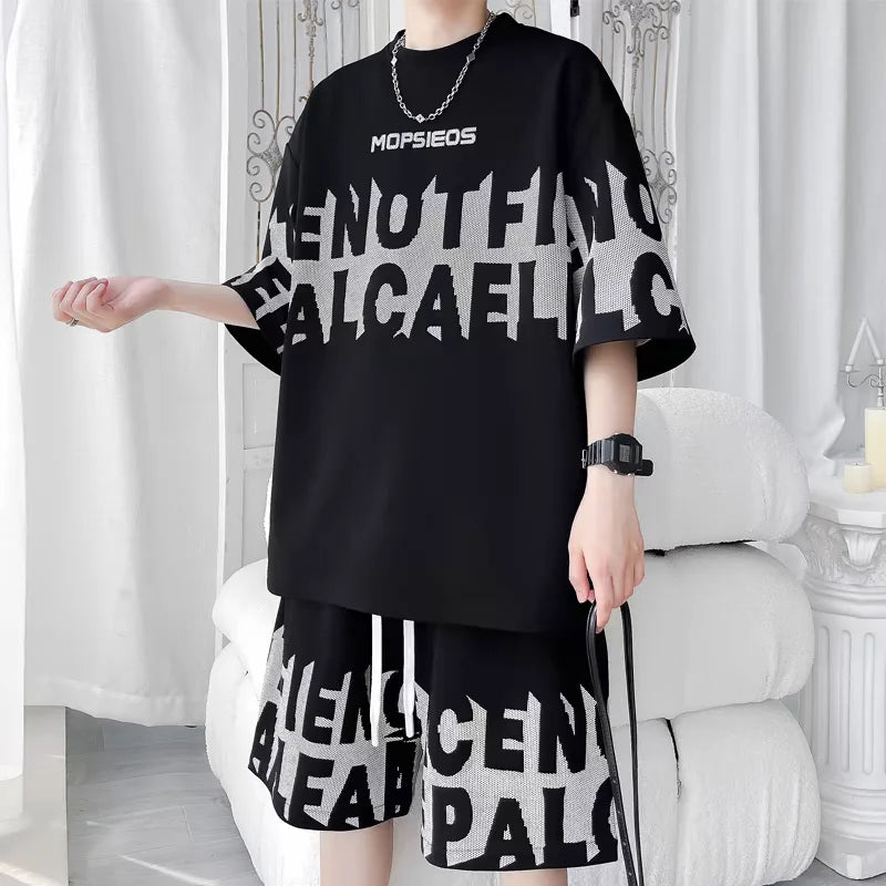 Summer Men'S Large Suit S-6Xl New Trendy Two Piece Set Korean High Street Fashion T-Shirt Shorts Tracksuits Designer Clothes Men