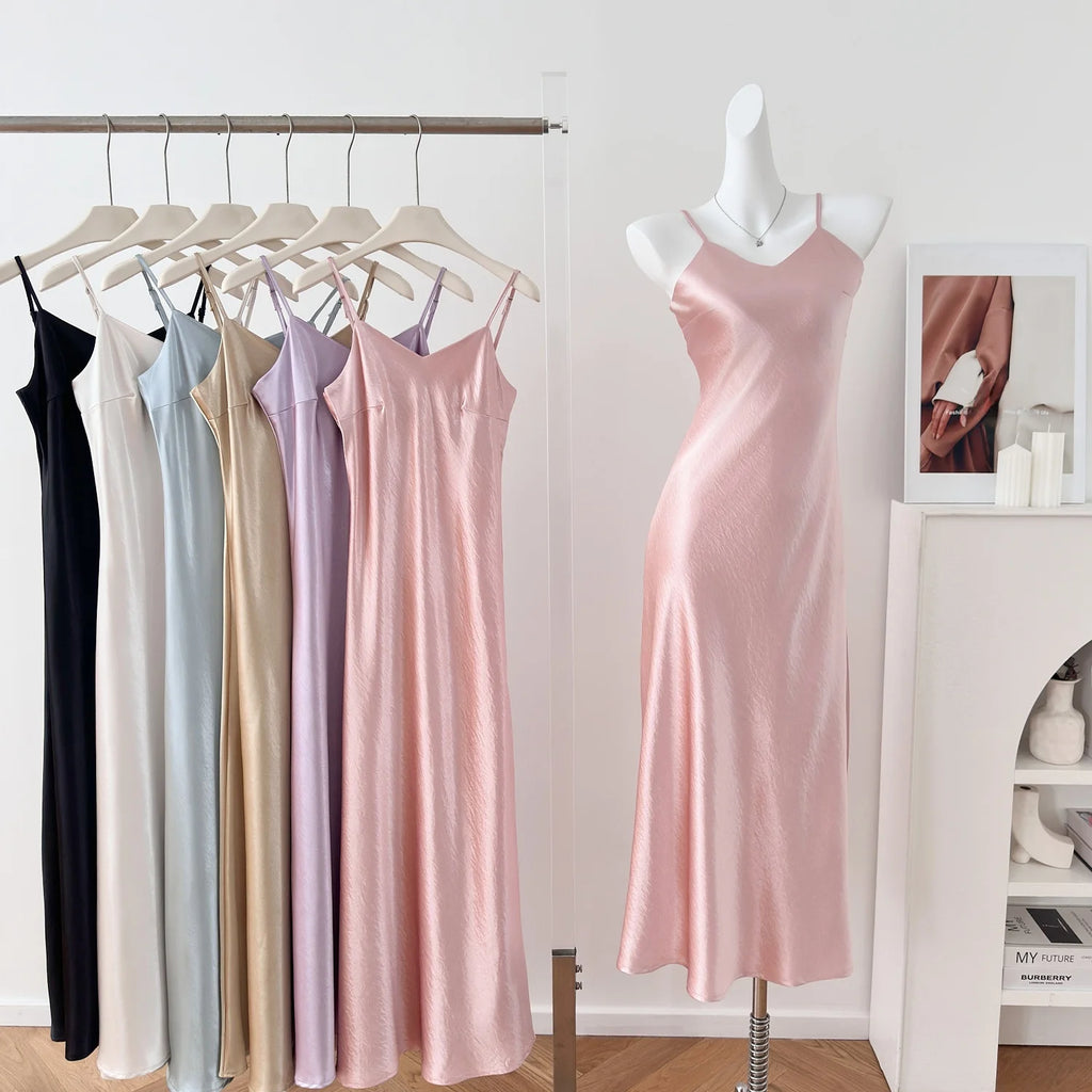 Elegant Chinese Style Satin V-Neck Sleeveless Women's Dress Slimming Waist Design Summer City Walk Long Skirt Inner Wear