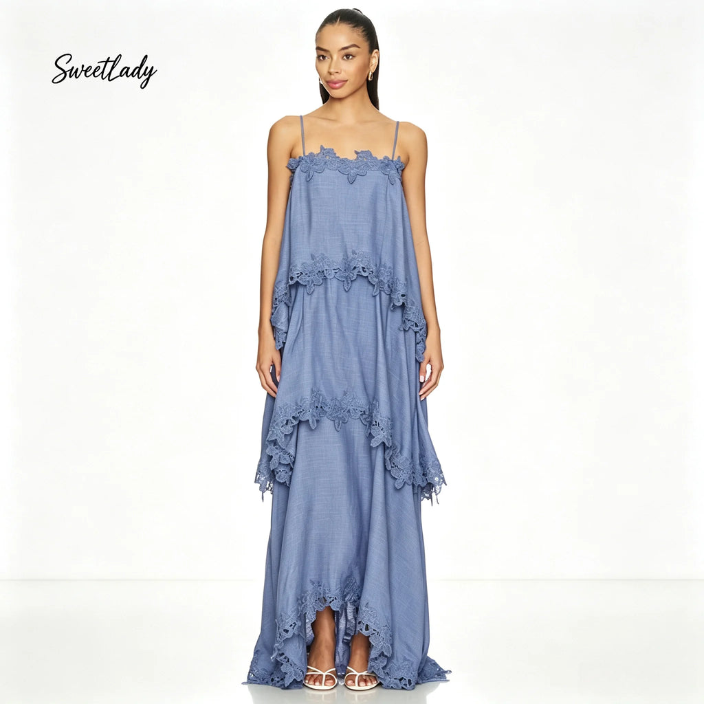 SweetLady Blue Spaghetti Strap Tiered Lace Trim Maxi Gown, Flowy Boho Layered Long Dress for Summer Holiday Bridesmaid