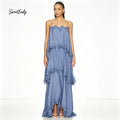 SweetLady Blue Spaghetti Strap Tiered Lace Trim Maxi Gown, Flowy Boho Layered Long Dress for Summer Holiday Bridesmaid