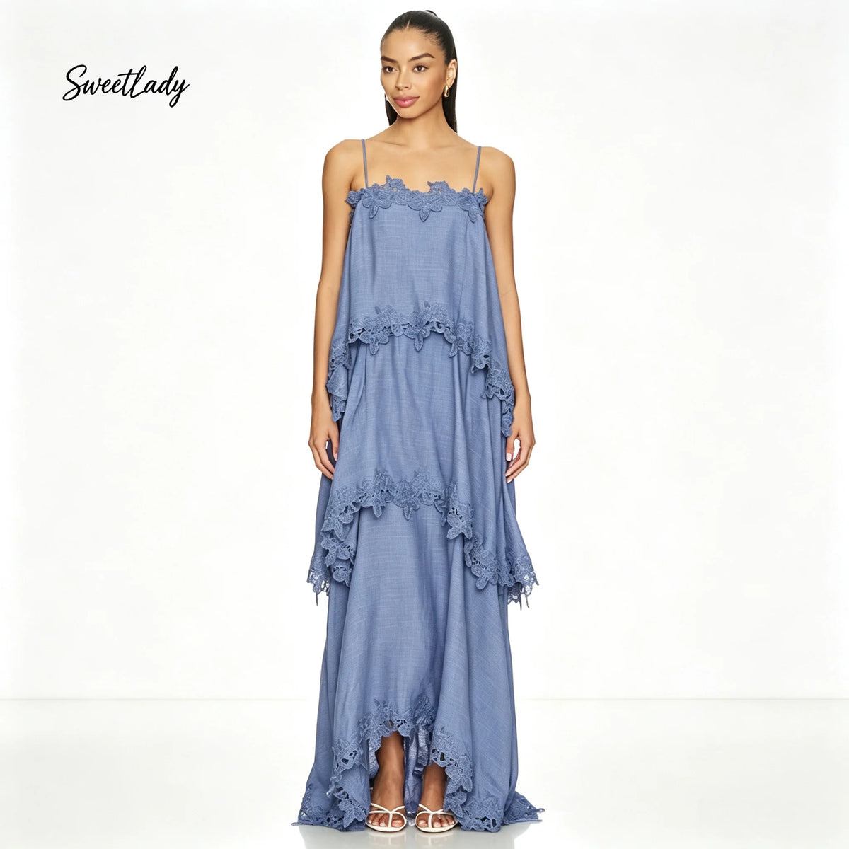 SweetLady Blue Spaghetti Strap Tiered Lace Trim Maxi Gown, Flowy Boho Layered Long Dress for Summer Holiday Bridesmaid