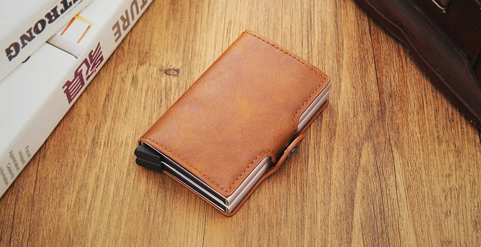 RFID Blocking Men Wallet Credit Card Holder Leather Card Wallet Double Metal Box ID Card Holder Money Clip Purse New 2023