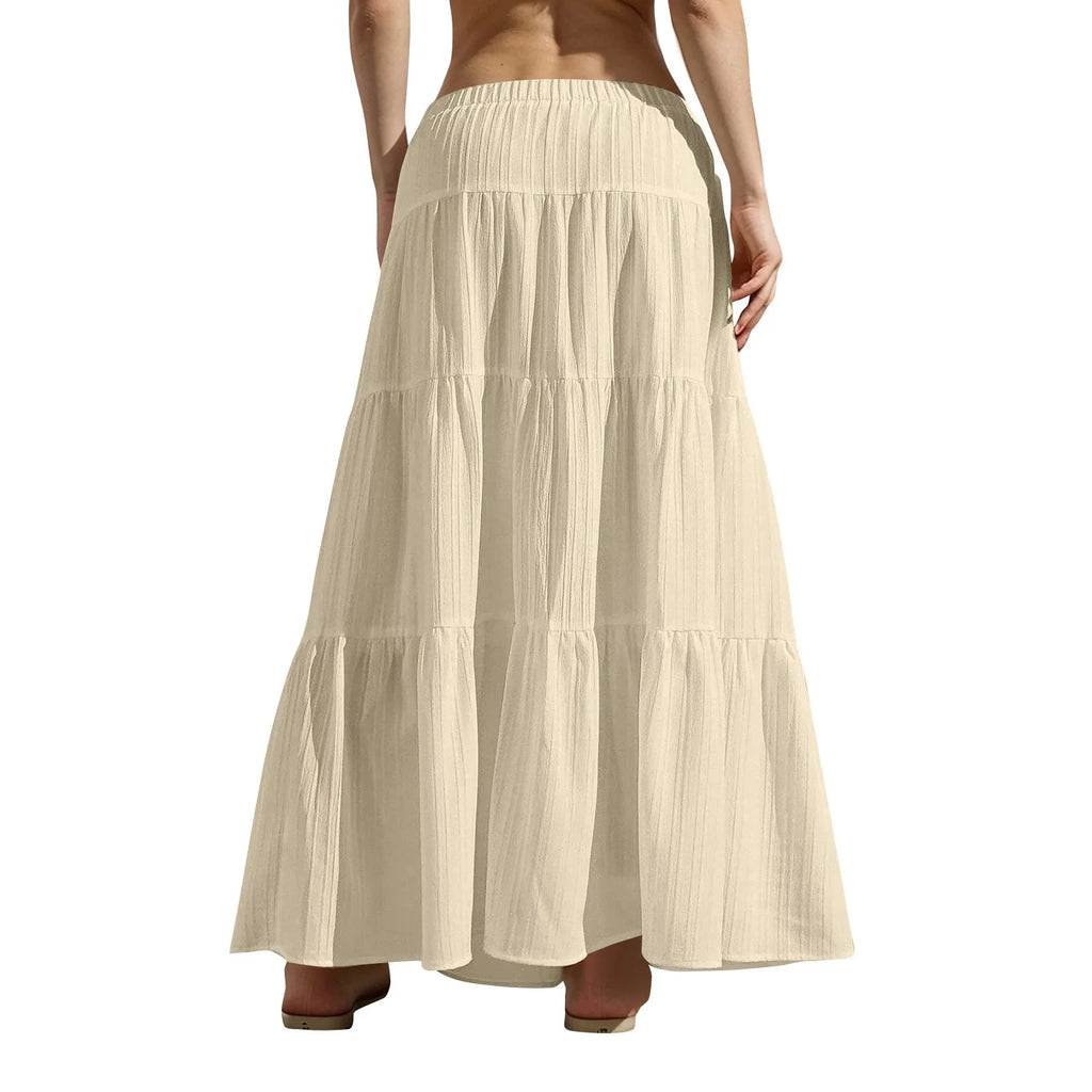 Women's Flared Ruffle Hem Maxi Skirt Fashion Women Solid Long Skirts Elastic Waist Elegant Long Skirt Spring Summer Cake Dress