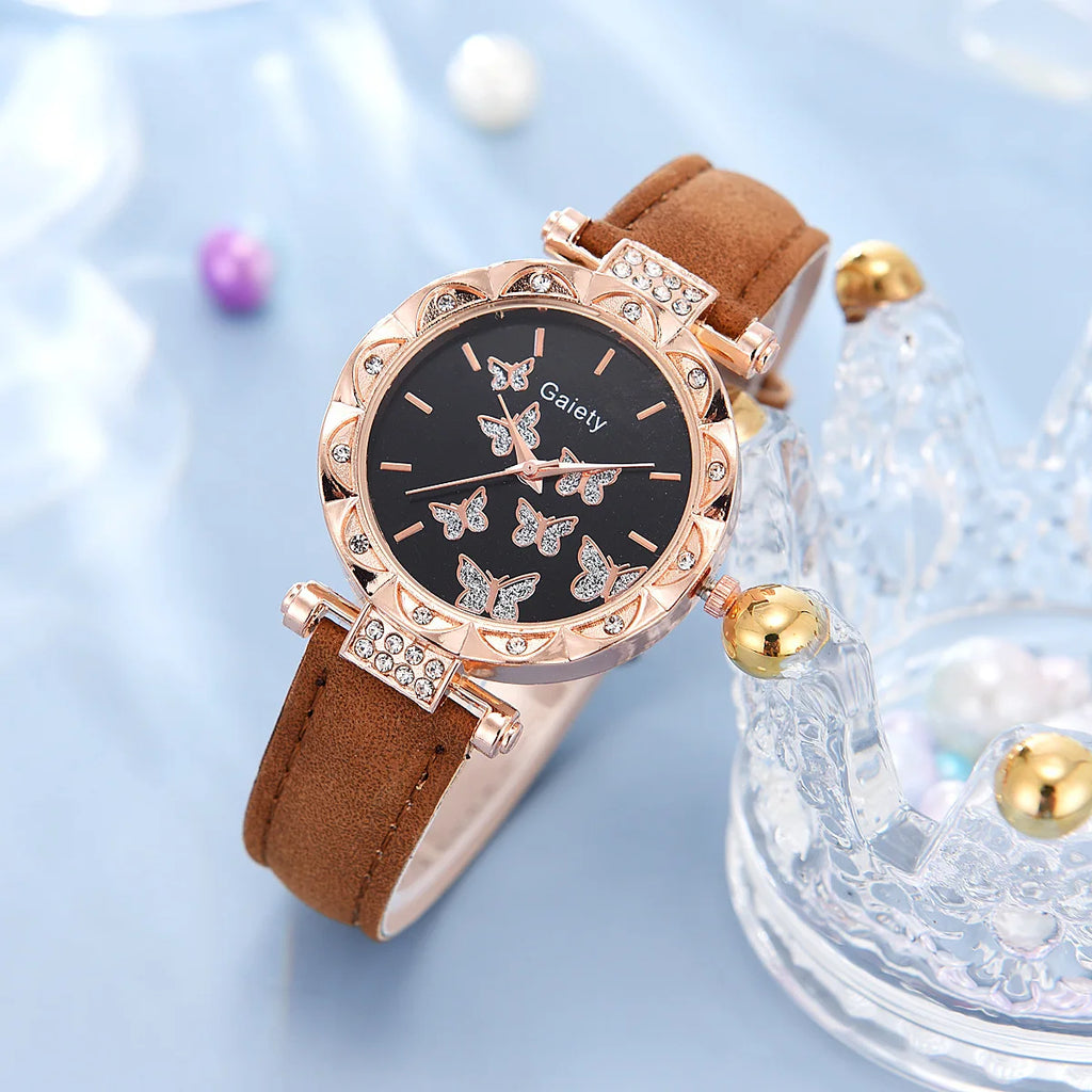 Butterfly Jewelry Set (Without Box)Women'S Watches Female Leather Watch Rings Necklace Earrings Bracelet Wedding