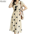 ZANZEA Women Polka Dots Midi Dress Casual Turn-Down Collar Cap Sleeve Half-Button Elastic Waist A-Line Dresses Commute Robes