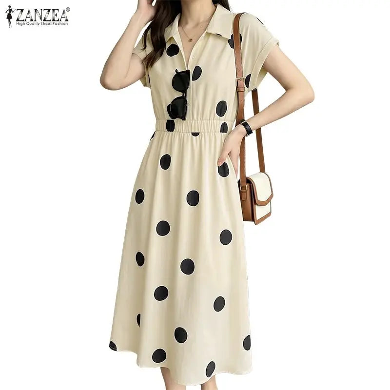 ZANZEA Women Polka Dots Midi Dress Casual Turn-Down Collar Cap Sleeve Half-Button Elastic Waist A-Line Dresses Commute Robes