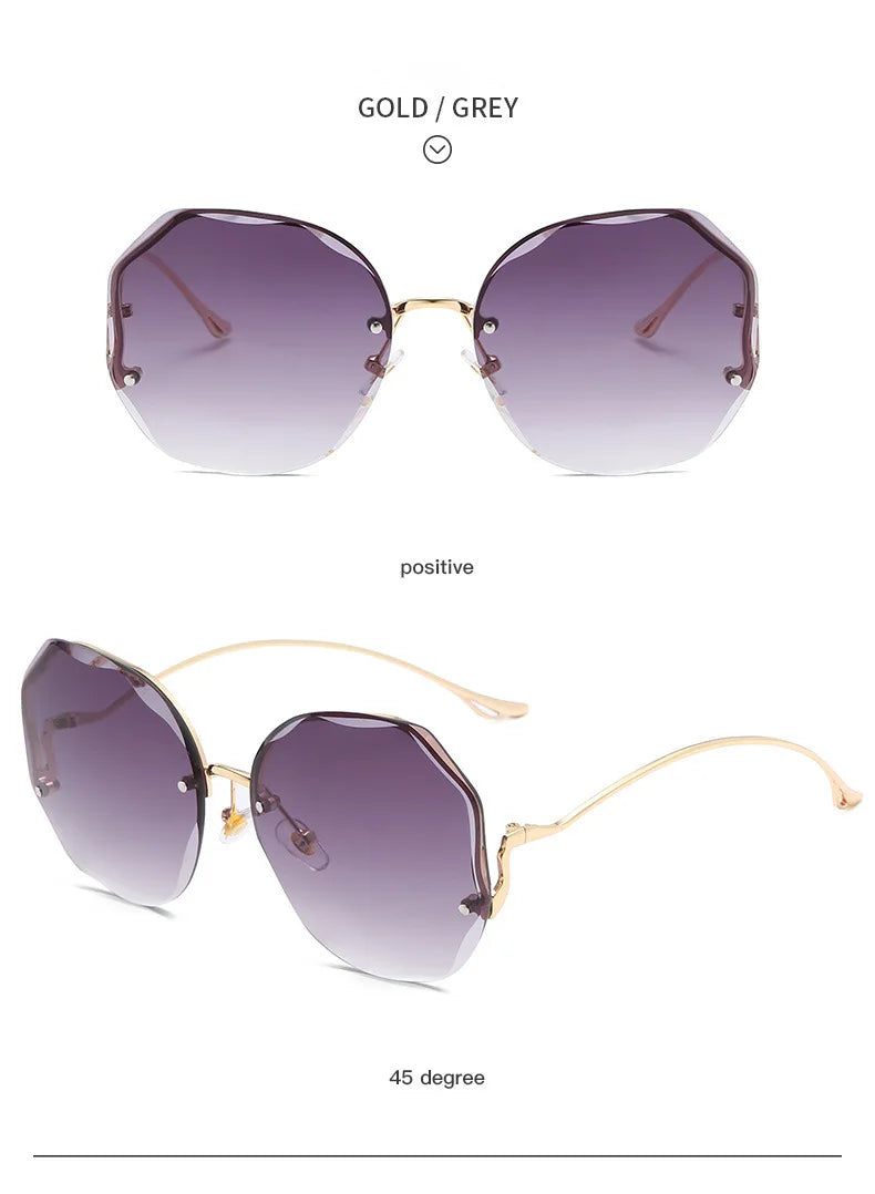 Rimless Sunglasses Polygon Fashion Popular Women Men Shades Big Frame Round Sun Glasses for Female Glasses Gradient Sunglasses