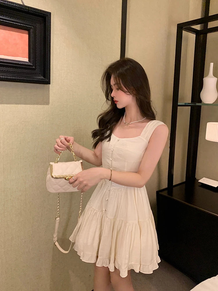 Sweet Style Dopaamine Sleeveless Strap Dress Women's New 2026 Beach Vacation Beautiful Dress High Waist A-Line Korean Style