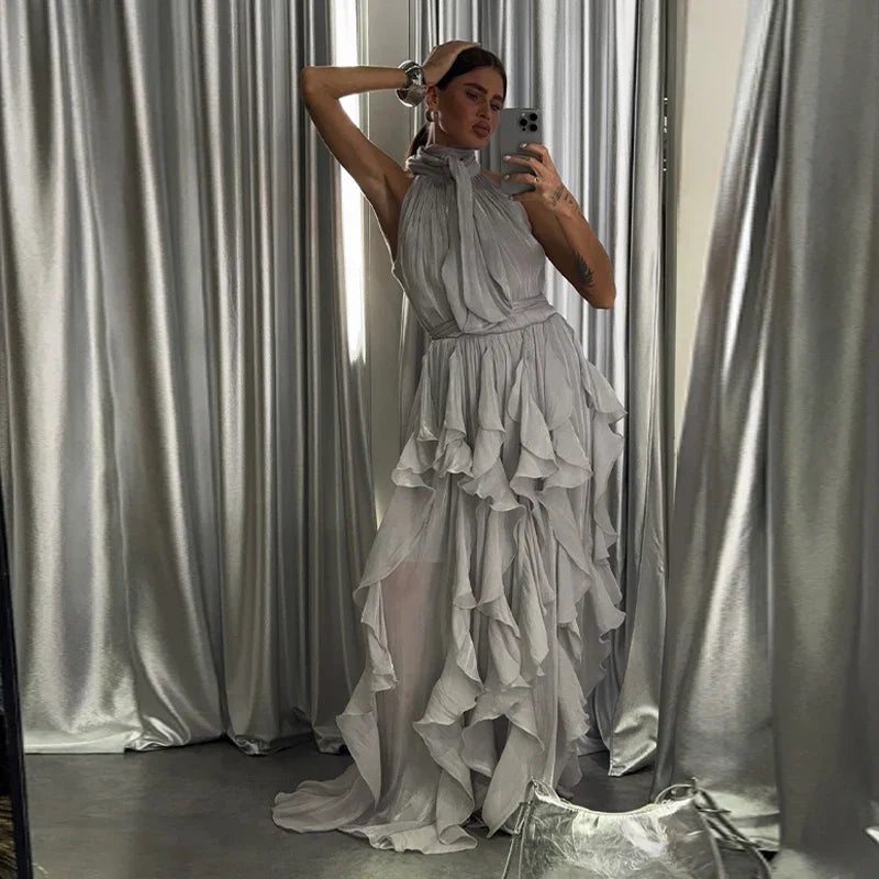Summer Cascading Ruffles Long Dress Women Sleeveless Lace Up Pleated Female A-line Dresses 2026 Fashion Lady Holiday Robes New