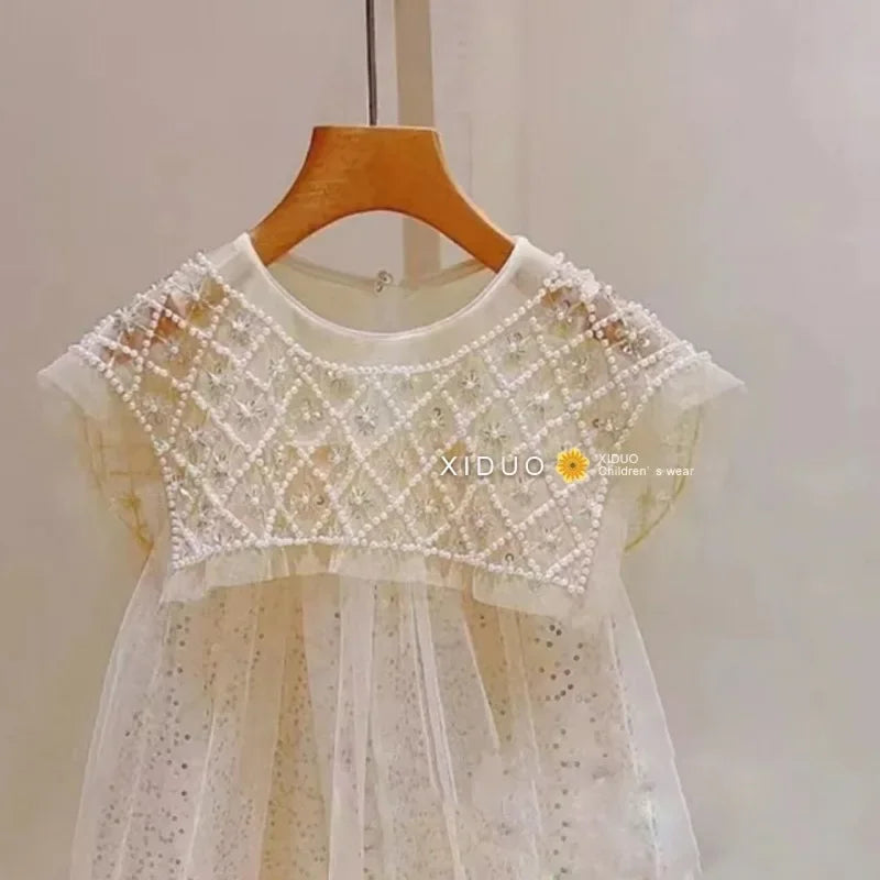 New Girls Princess Dress Casual Spring Summer Children's Wear Korean Pearl Neck Princess Dress Fashion Yarn Dress