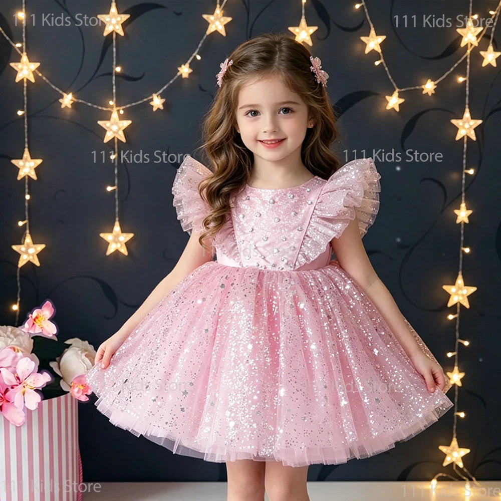 Children Summer Dresses Star Sequin Princess Dress Toddler Girls Puffy Mesh Wedding Dress Luxury Evening Dress Baby Clothes 1-5Y