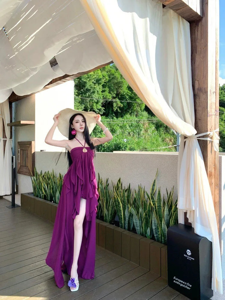 Purple Beach Vacation Photography Dress Women's Sleeveless Gown Luxury Design Sensation Halter Neck Chiffon Long Skirt