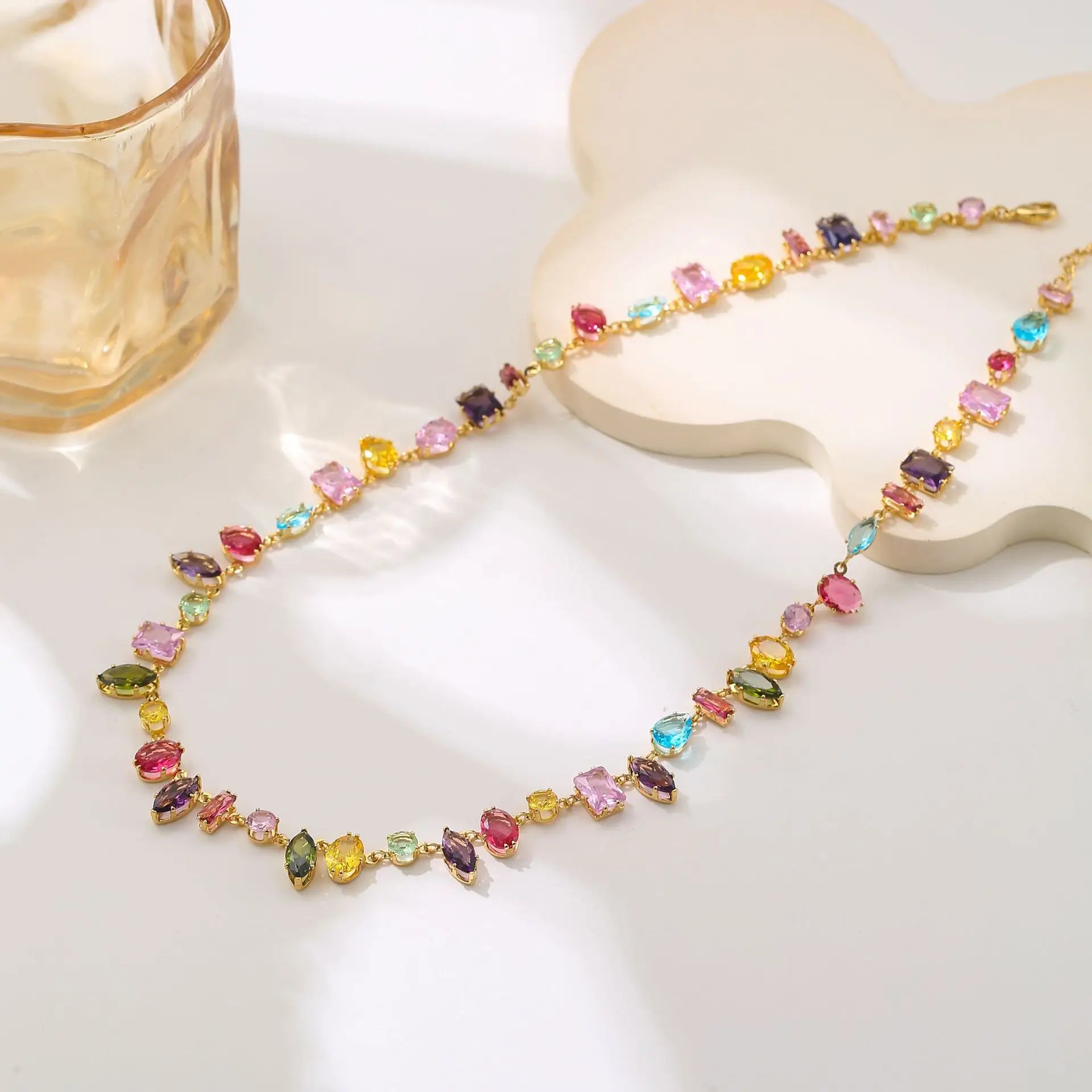 New Colorful Crystal Necklace Bracelet Chain For Women'S Elegant Clavicle Chain Irregular Zircon Necklace Jewelry Sets Gifts