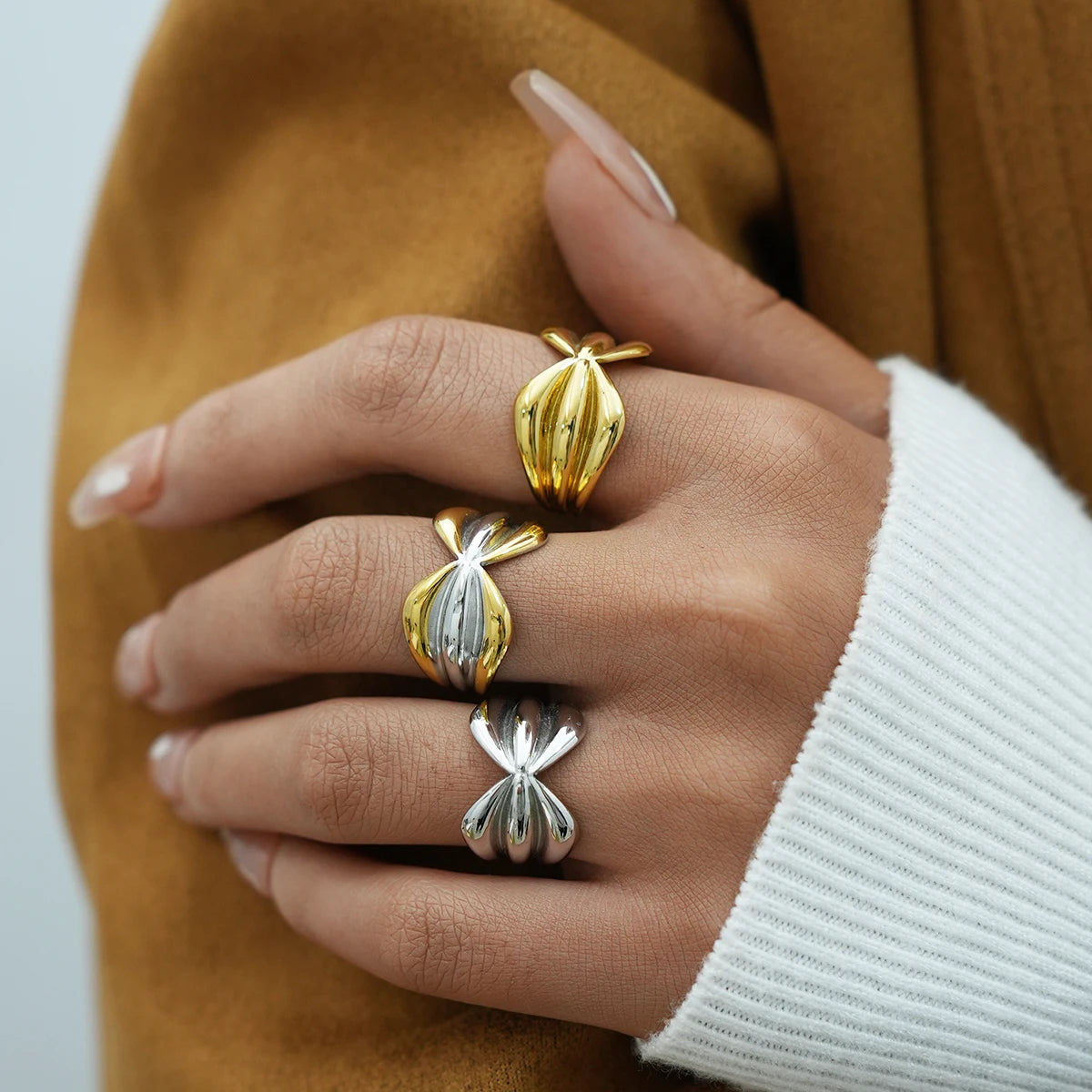 Stainless Steel Open Rings For Women'S 18K Gold Plated Fashion Couple Handmade Irregular Lines Ring Jewelry For Women'S
