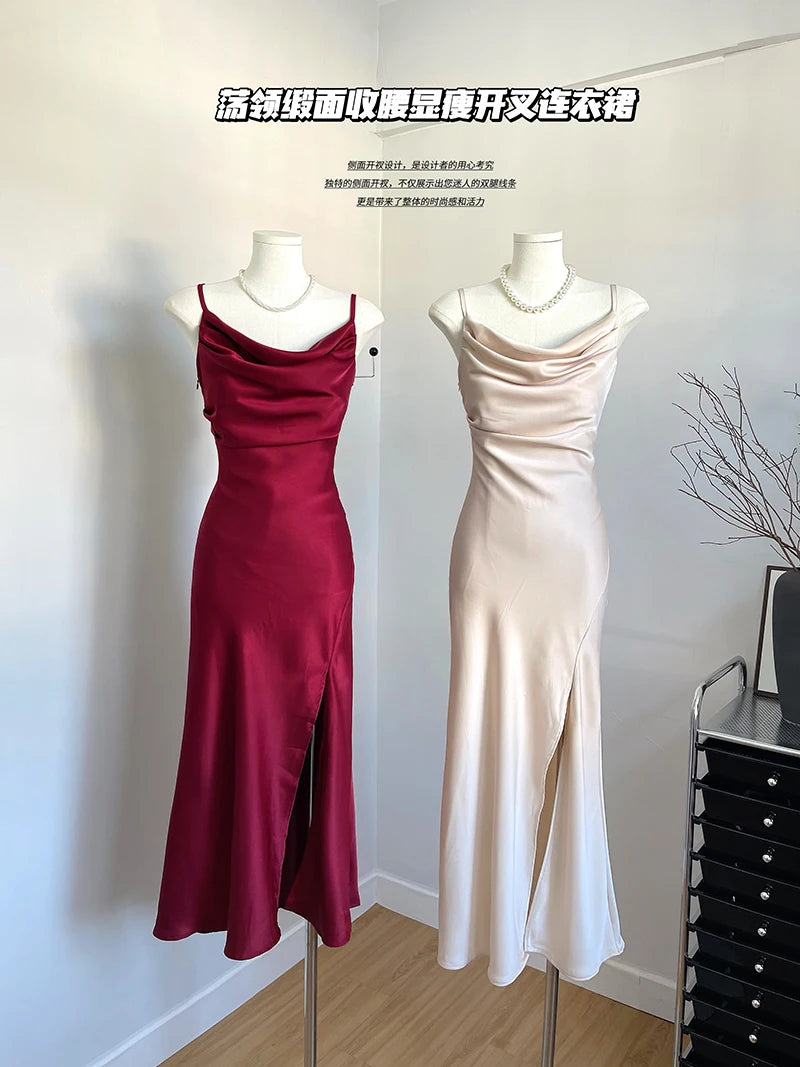 Women's Sexy Swinging Collar Satin Strap Long Dress Lady Summer Solid Color Slim Pleated Wasit Split Party Dress
