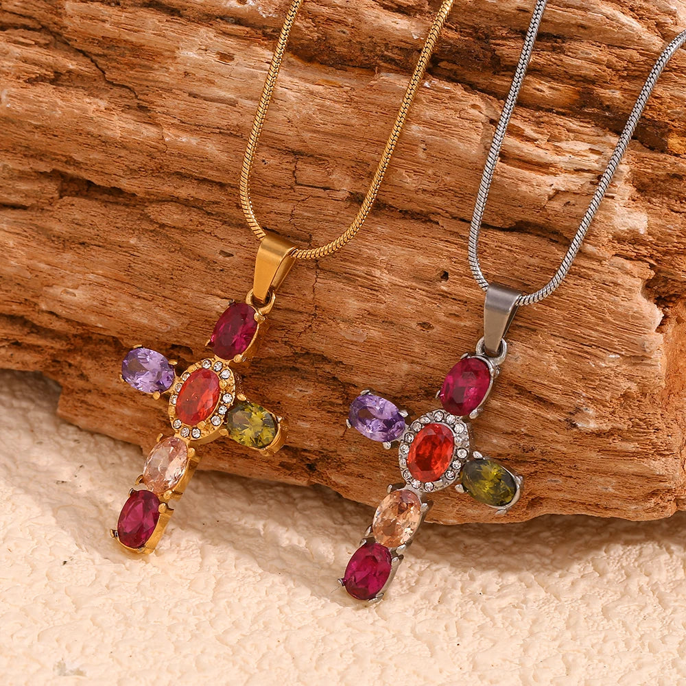 E.B.belle Colorful Rhinestone Cross Pendant Necklace Snake Chain Waterproof Stainless Steel Fashion Jewelry For Women Girls