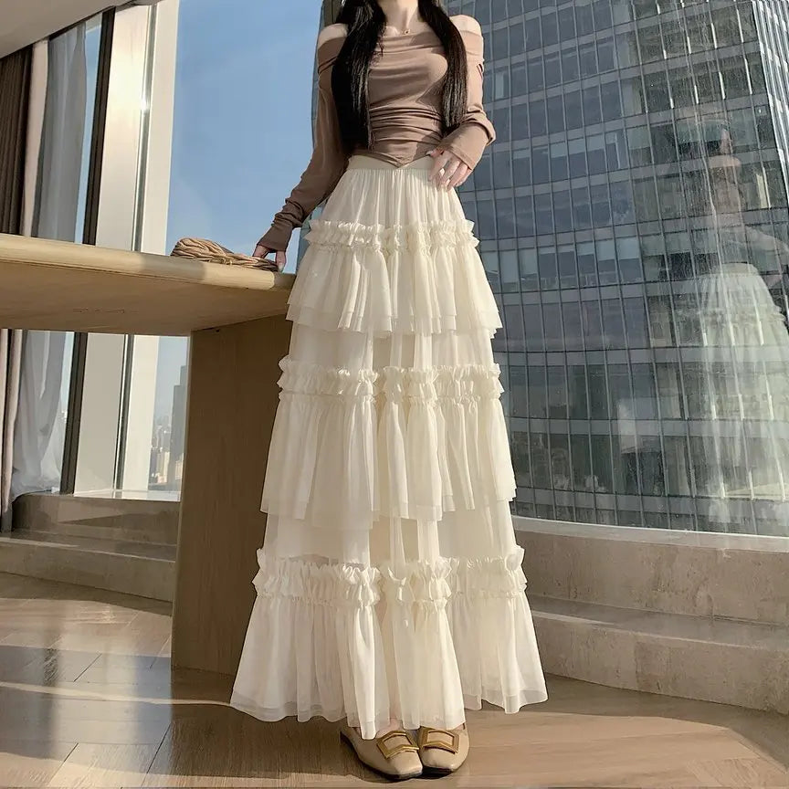 Qiukichonson Midi Long Skirt Women Patchwork Mesh Lolita Spring Summer High Waisted High Low Ruched Ruffles Ball Gown Skirt rok