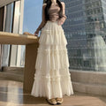 Qiukichonson Midi Long Skirt Women Patchwork Mesh Lolita Spring Summer High Waisted High Low Ruched Ruffles Ball Gown Skirt rok