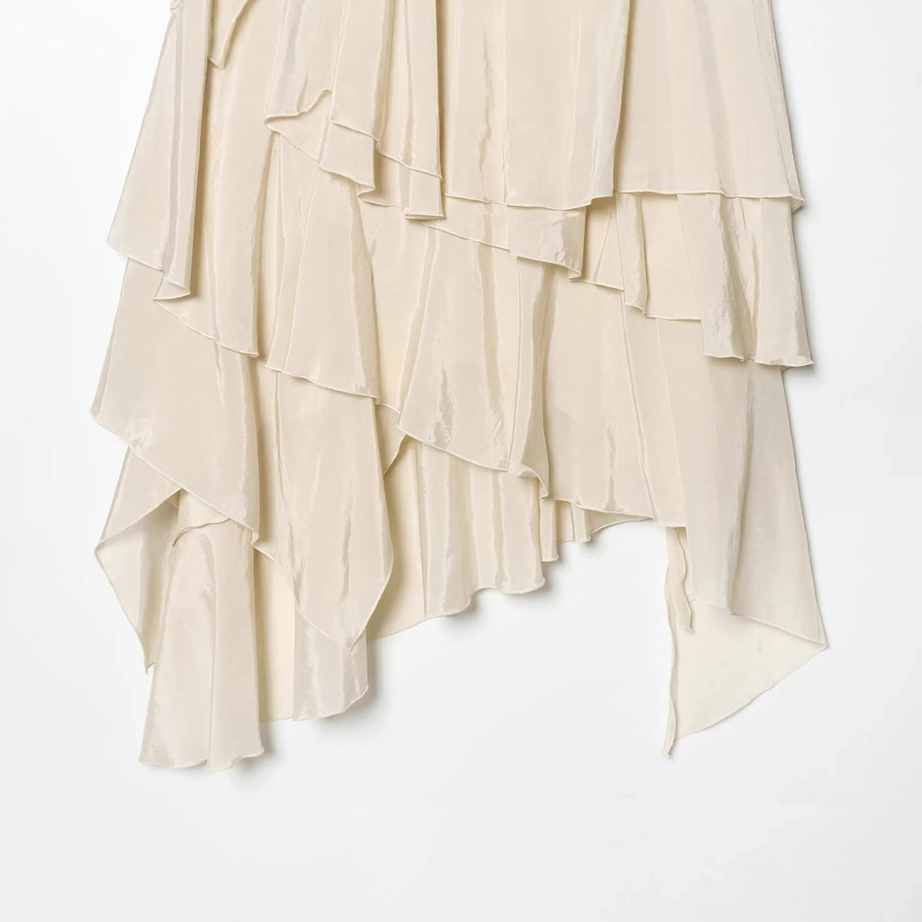 Women's Fashion Layered Decorative Flowing Skirt Cream White Ruffle Layered Skirt High Waist Flowy Long Skirt For Women 18X3