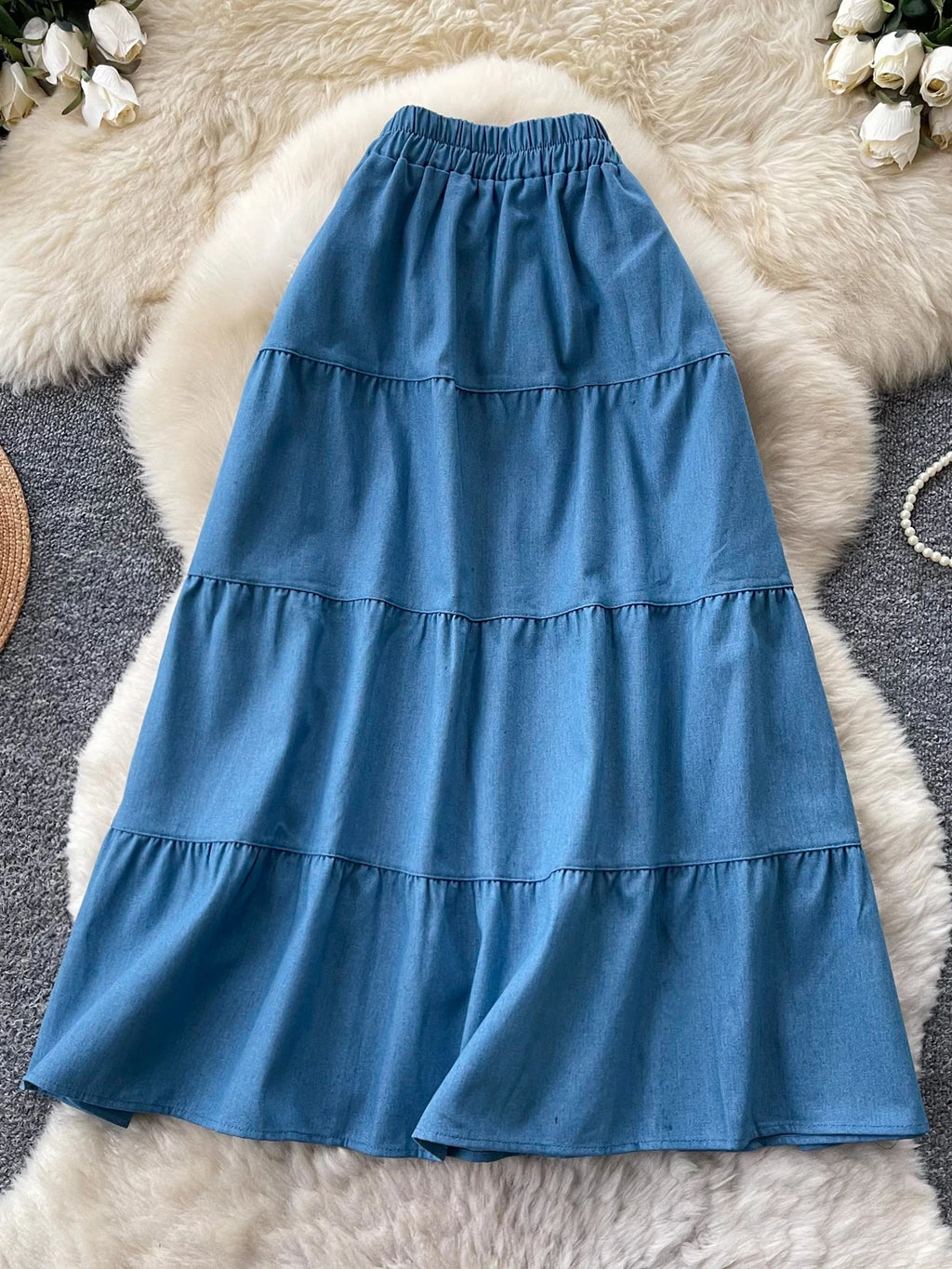 Korean Style A-Line  Skirt Women's Summer Slimming Elastic Waist Denim Patchwork Skirts City Commute Universal Long Skirts