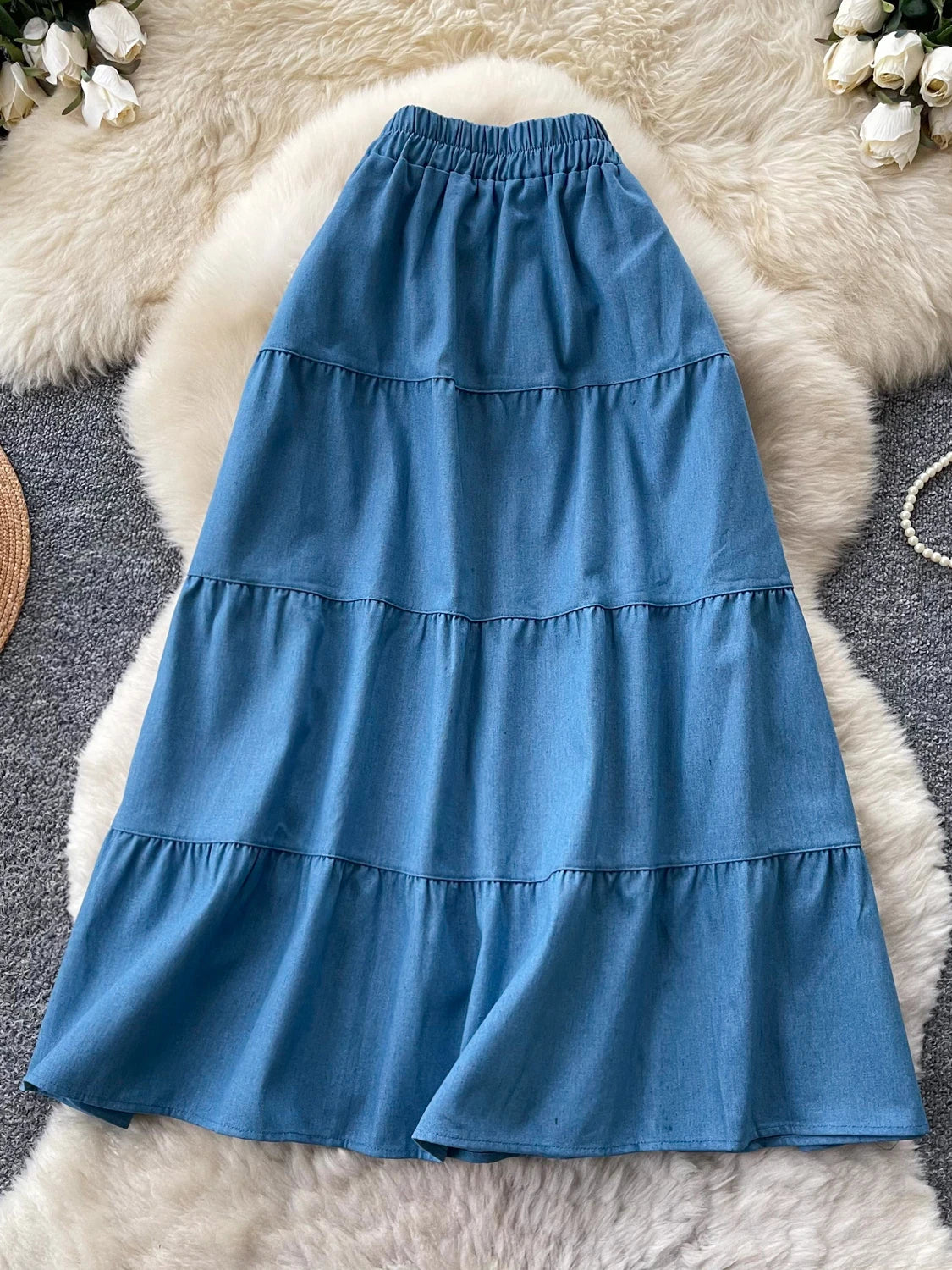 Korean Style A-Line  Skirt Women's Summer Slimming Elastic Waist Denim Patchwork Skirts City Commute Universal Long Skirts