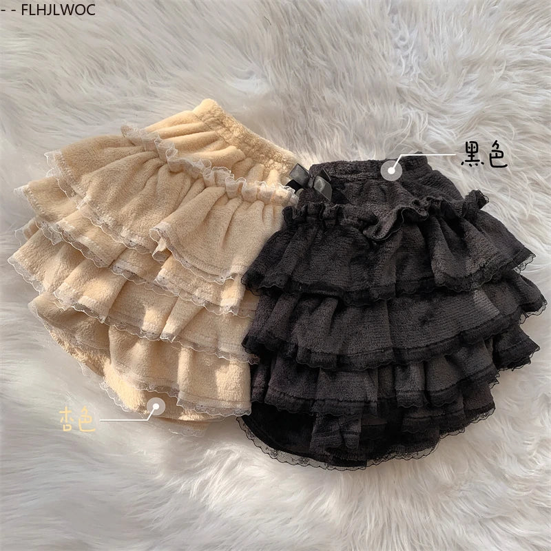Autumn Velvet Bloomers Lolita Style Girls Cute Japan Sexy Lace Date Princess Pink Layer Puff Shorts Ruffles Lantern Small Pants