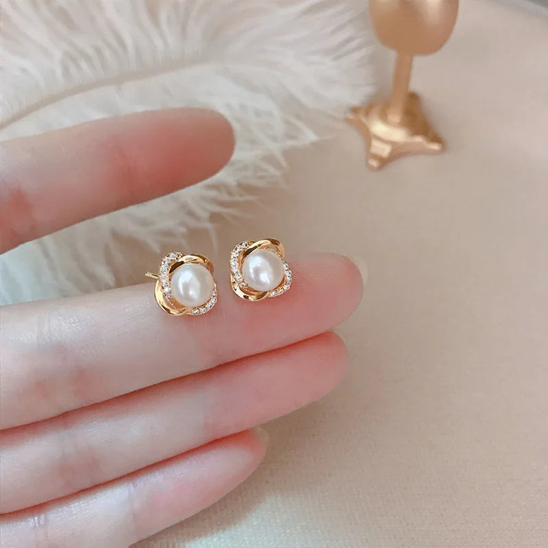 Upscale 14K Gold Jewelry Real Gold Earrings Zircon Pearl Twist Luxury Stud Earrings For Women'S Brincos Pendientes Bijoux