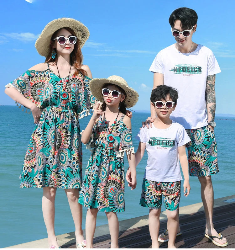 2025 Elegant Floral Girls Dress Family Matching Summer Outfit Off-Shoulder Midi Boho Dress Boys Set Fashionable Beach Vacation