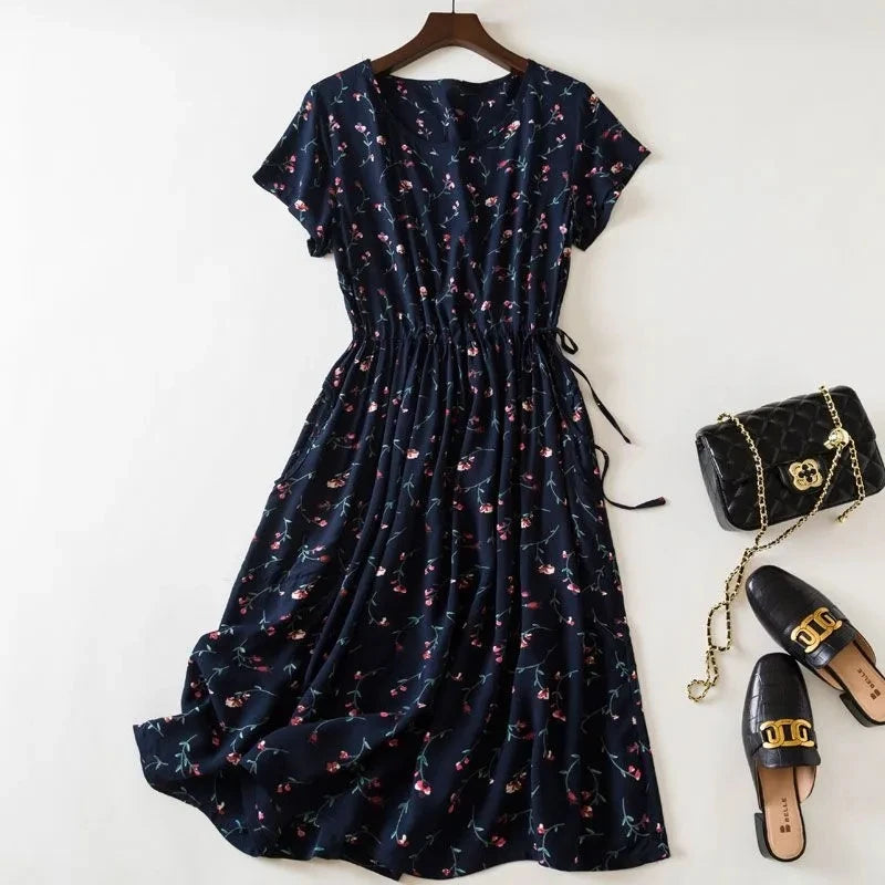 Cotton Silk Dress Women's Short Sleeved 2026 Summer New Ladies Slim Round Neck Temperament Beach Print Dresses