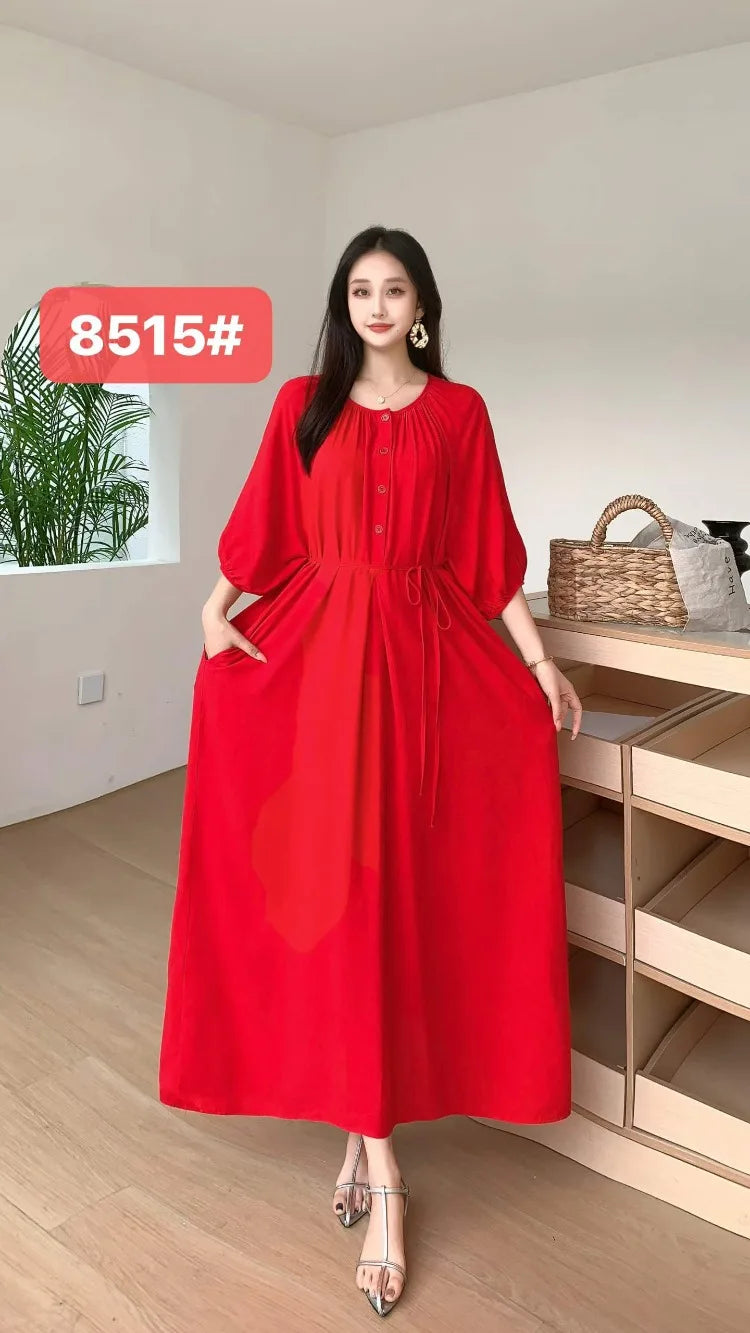 THHONE Summer Plus Size Dress Robe Solid Long Casual Loose Vintage Vestidos Para Mujer Oversized Dresses Half Sleeve Belt Pocket