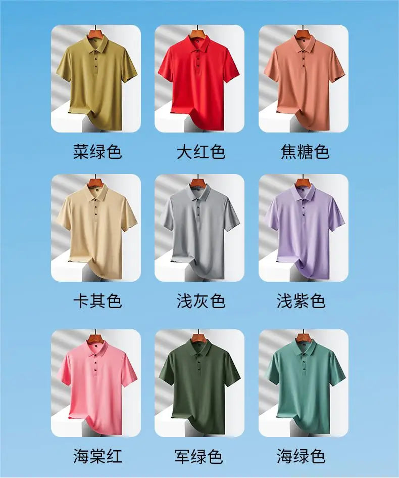 2024 Summer New High-End Mesh Ice Silk Short-Sleeved T-Shirt Men's Shirt Collar Purple Khaki Green Solid Color Slip Polo