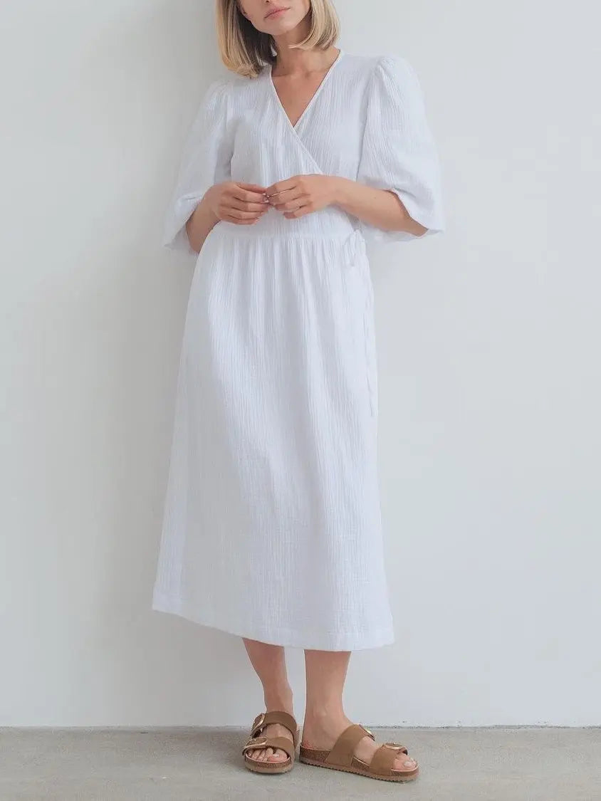 Long Dress Women Dresses Vestidos Lace Up V Neck Puff Sleeve Solid High Waist Female A Line Office Lady Summer 2025 Maxi Gown