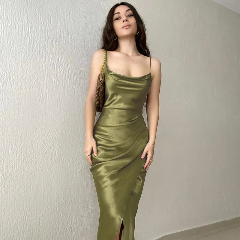 Women's Spring New Strap Women's Dress, European and American High End Sexy Spicy Girl, Low Cut Satin Split Back