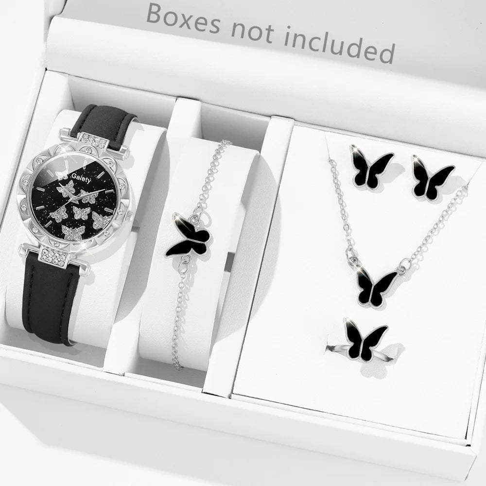 Butterfly Jewelry Set For Women Elegant Leather Watch Ring Necklace Earrings Bracelet Wedding Gift