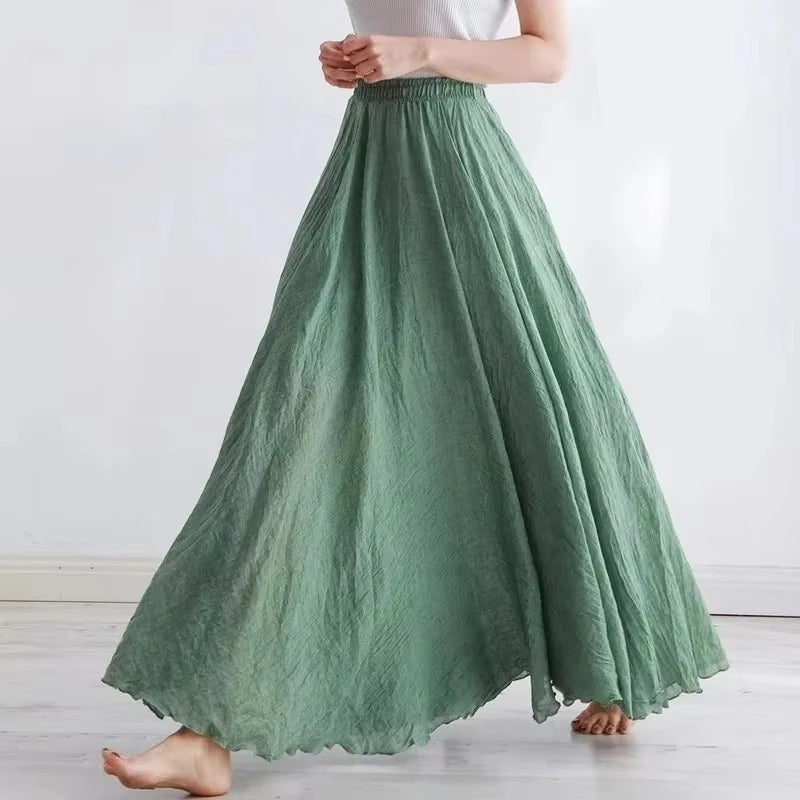 High Quality Cotton Linen Maxi Skirt Women Casual Elastic High Waist Pleated A-Line Beach Skirts Boho Saia Feminina Faldas Jupe