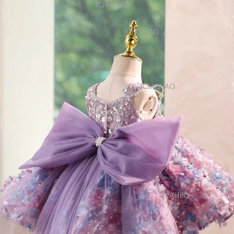 2026 Cute Sweet Purple Children Fashion Floral Sleeveless Kids Host Princess Gown Costume Girls Birthday Party Dress Summer New