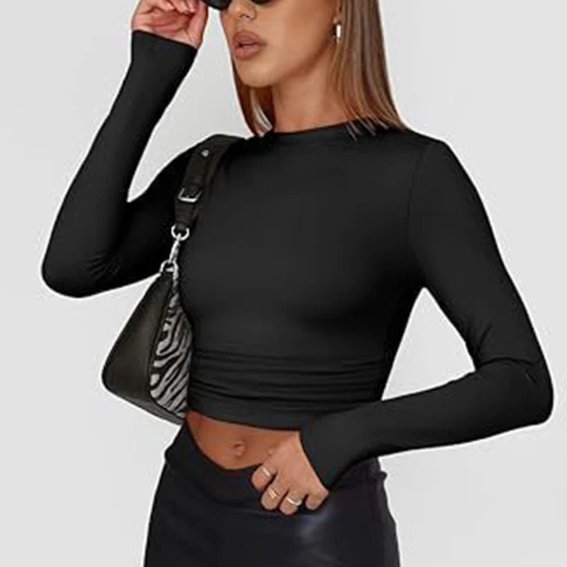 1pcs Woman Clothing Long Sleeve T-shirt Slim Fit Top Female O-Neck Knitted Sheath Tee Shirt Street Wear Sexy Sport Solid Tshirt