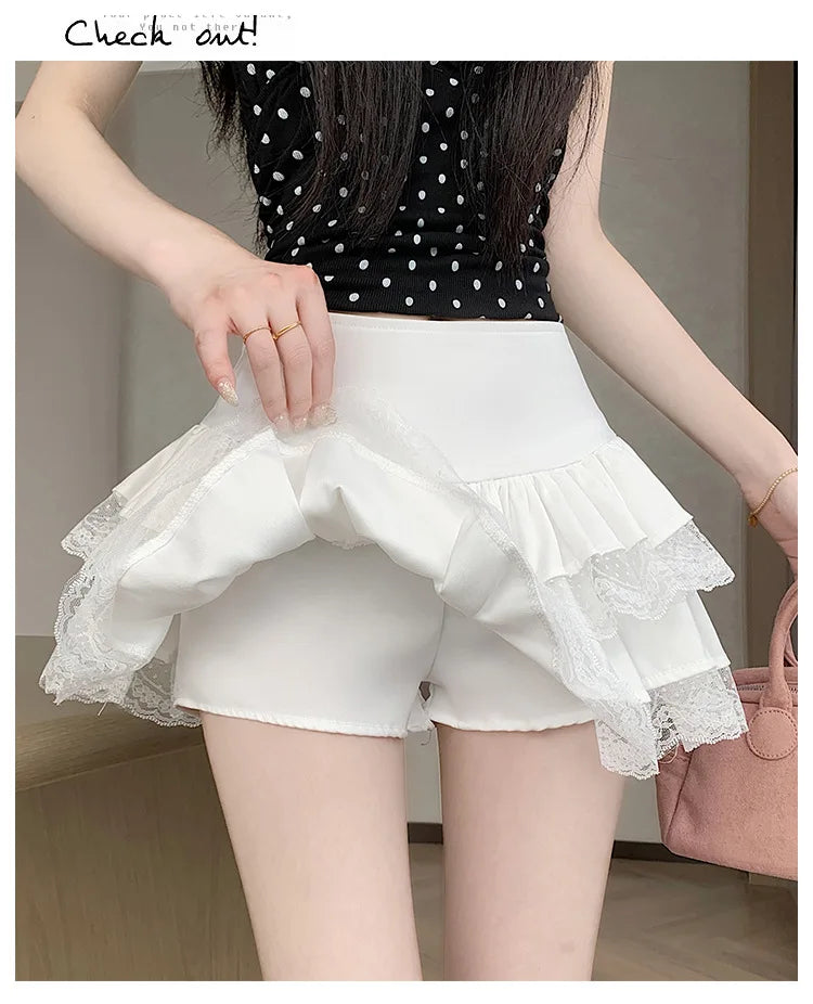 Pure Desire Lace A-Line Mini Skirt High Waist Puffy Sweet Style Short Cake Skirt Cotton Blend Fabric Summer Women's Dress