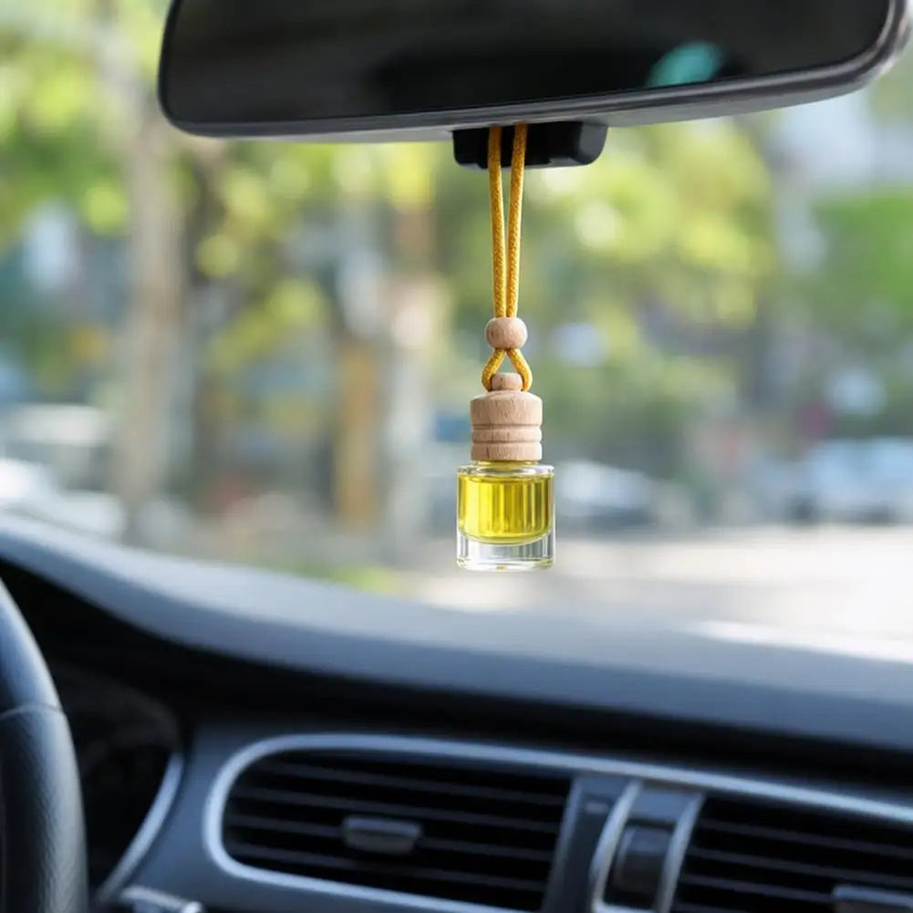 Hanging Car Air Freshener Refillable Glass Bottle Wooden Cap Essential Oil Diffuser Pendant Long Lasting Auto Perfume Ornament