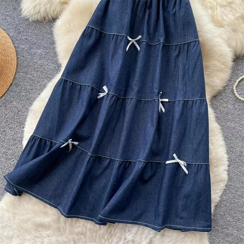 Karofi Vintage Cotton Layered Denim Skirt Women Elastic High Waist Bow Detail Flowy Long Casual A Line Long Midi Skirt
