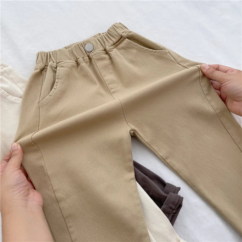 2-7Y New Autumn Casual Pants Solid Color Elastic Waist Pants with Side Pockets for Boys Girls Cotton Trousers Daily