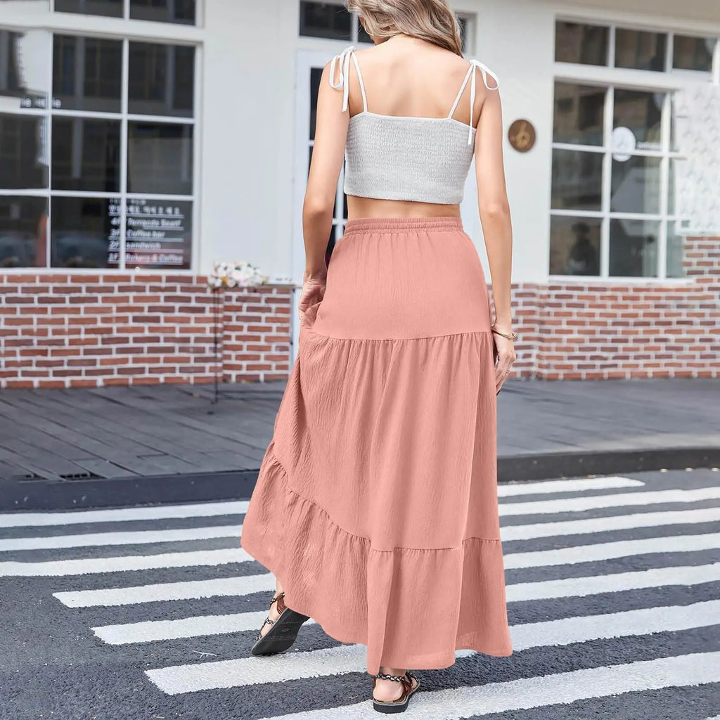 Bohemian Pure Color Side Slit  Skirt Women's Fashion Summer New Arrival Cross-Border mid Waist H-Shape PVC Fabric Skirt