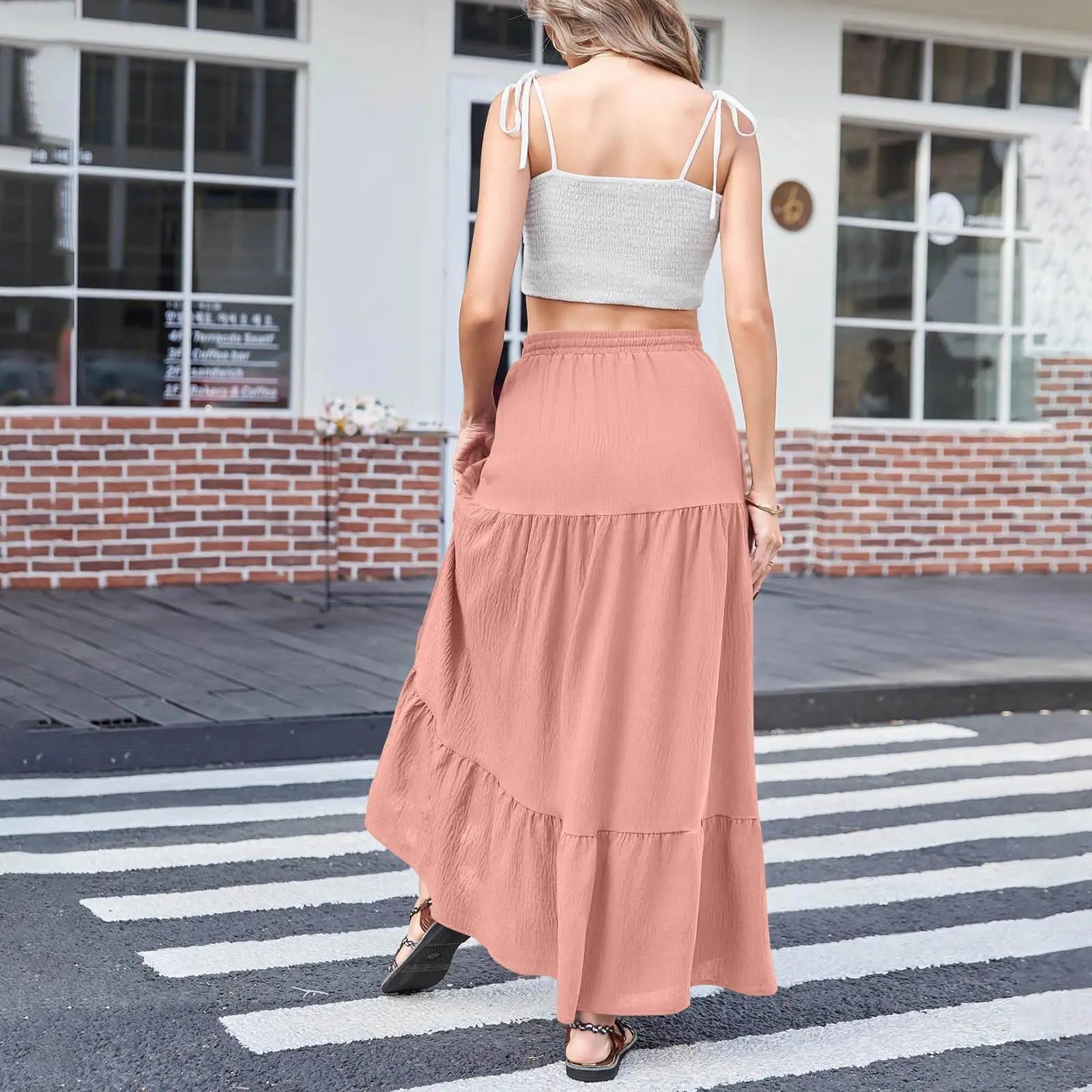 Bohemian Pure Color Side Slit  Skirt Women's Fashion Summer New Arrival Cross-Border mid Waist H-Shape PVC Fabric Skirt