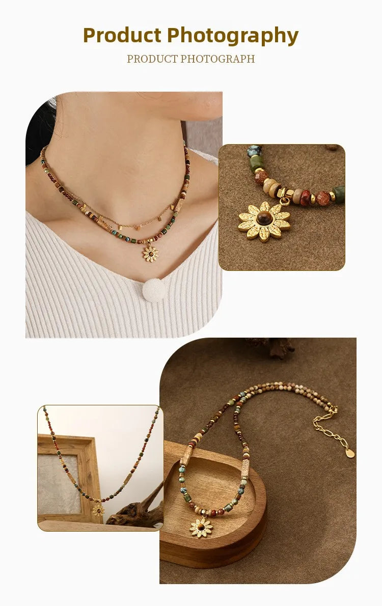 Bohemian Style Sunflower Pendant Beaded Titanium Steel Necklace Natural Stone Tibetan Silver Clavicle Chain Geometric Shape