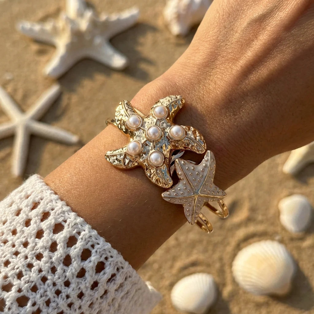 Enamel Flower Open Cuff Bracelet For Women Elegant Gold Plated Floral Beach Jewelry