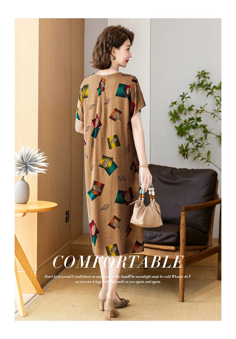 New 2025 Summer Dress Long Vintage Loose Women Elegant Sundress Dress Casual O-neck Dresses Print Plus Size