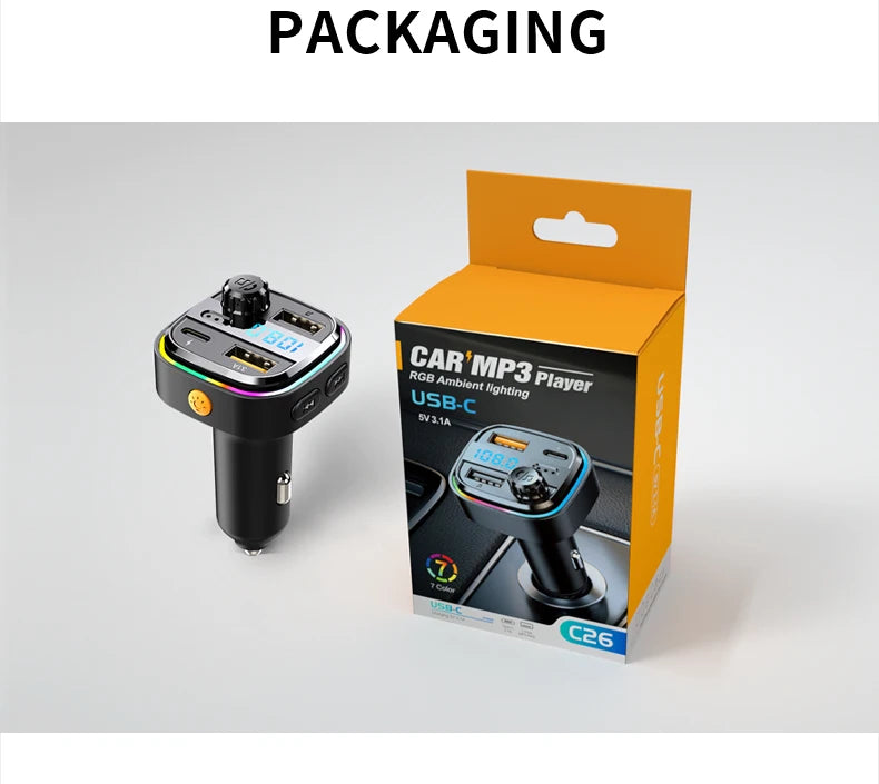 Newest C26 Bluetooth 5.0 FM Transmitter Handsfree Car Radio Modulator MP3 Player USB Super Quick Charge Adapter Car Accessories