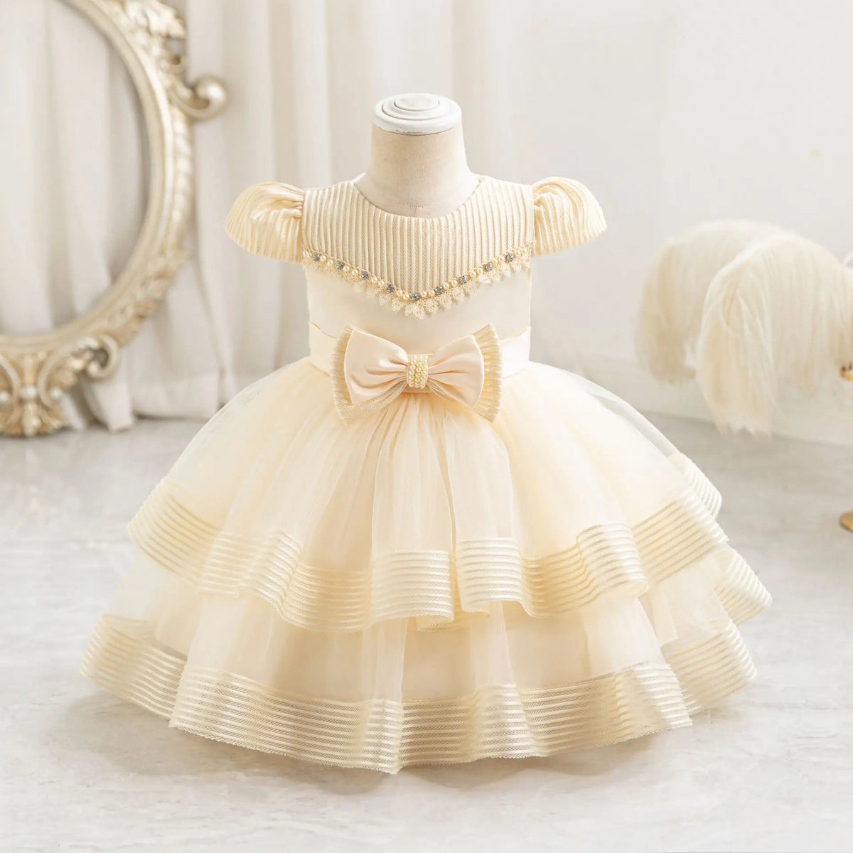 HETISO Striped Wedding Party Dress for Girls Baby Christmas Holiday Layered Gown Toddler Kids Beaded Clothing 6M-4 Years