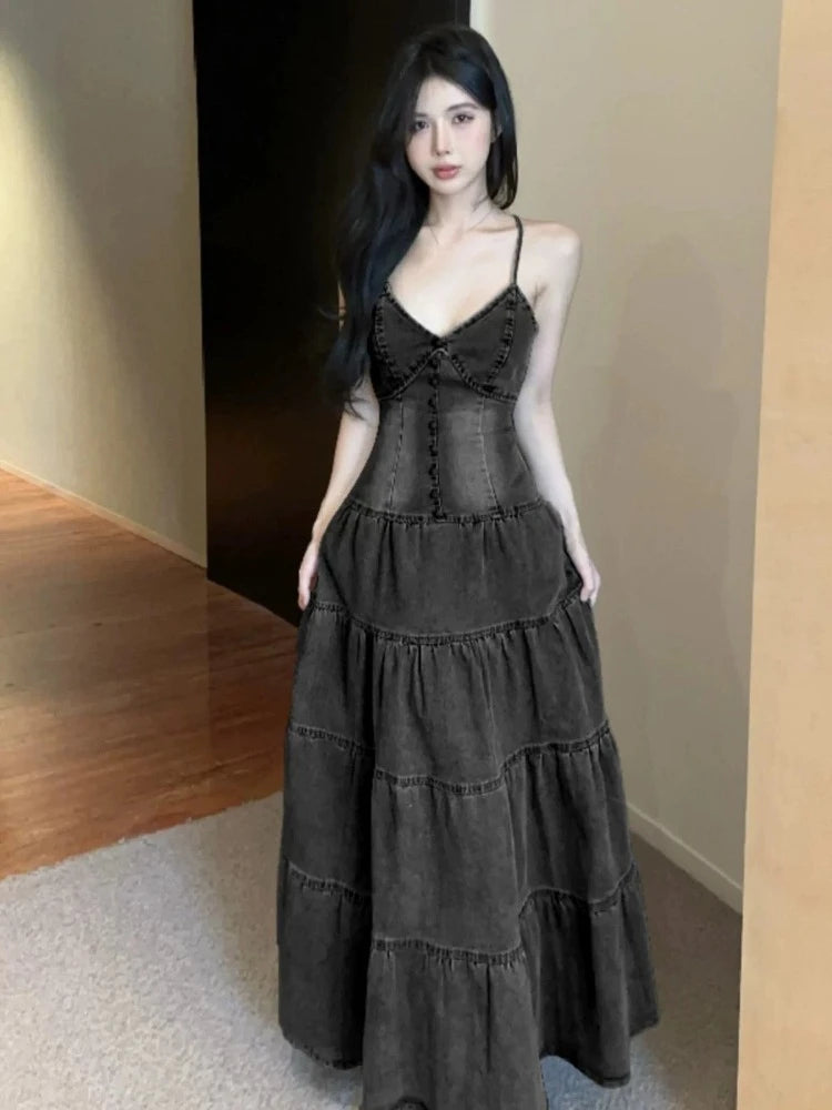 Y2k Women Dresses Spring Summer Ruffles Sleeveless Vintage Vestidos Mujer Korean Fashion Sexy V Neck A-line Long Dress